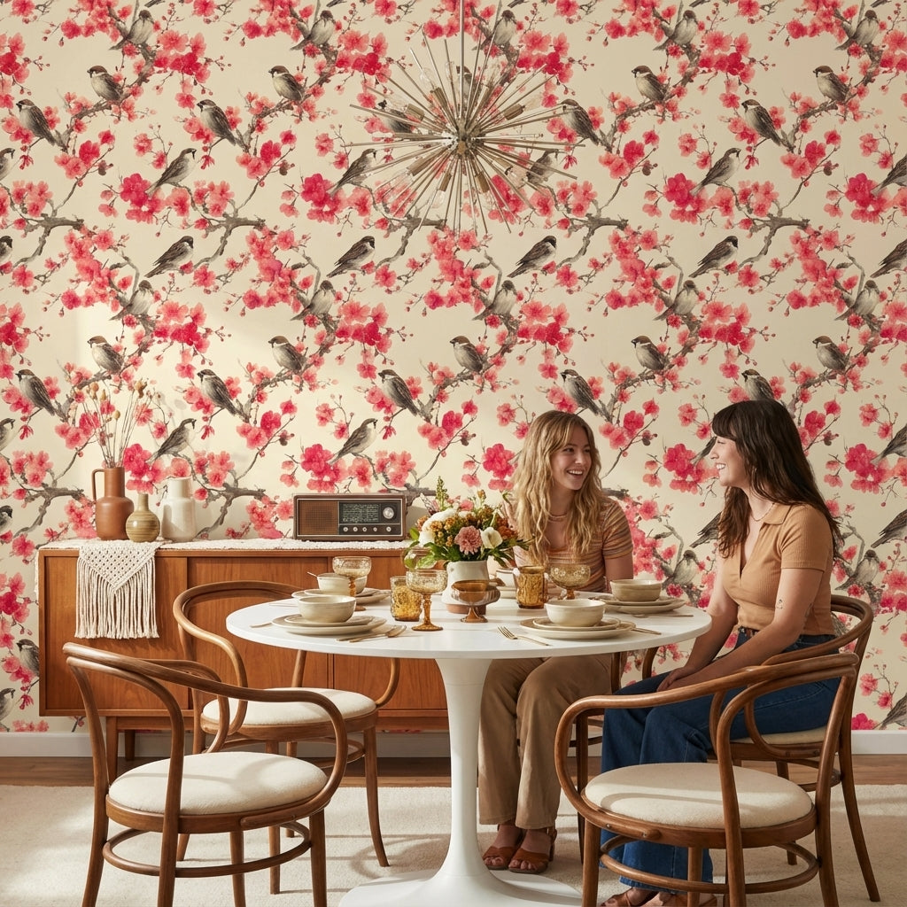 Floral Wallpaper Birds Removable Cherry Blossoms Wall Mural