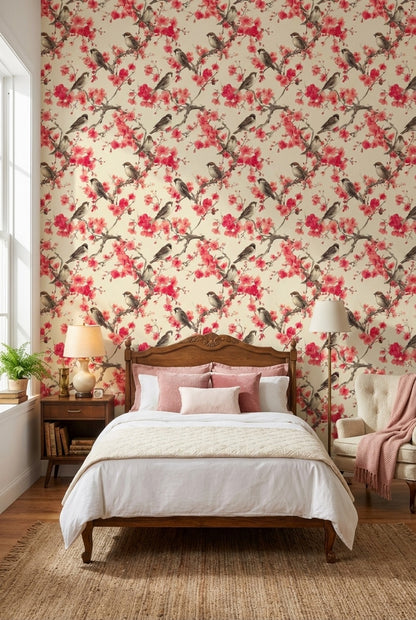 Floral Wallpaper Birds Removable Cherry Blossoms Wall Mural