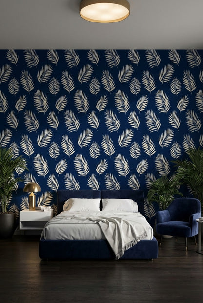 Palm Leaves Wallpaper Navy Tropical Removable Wall Decor