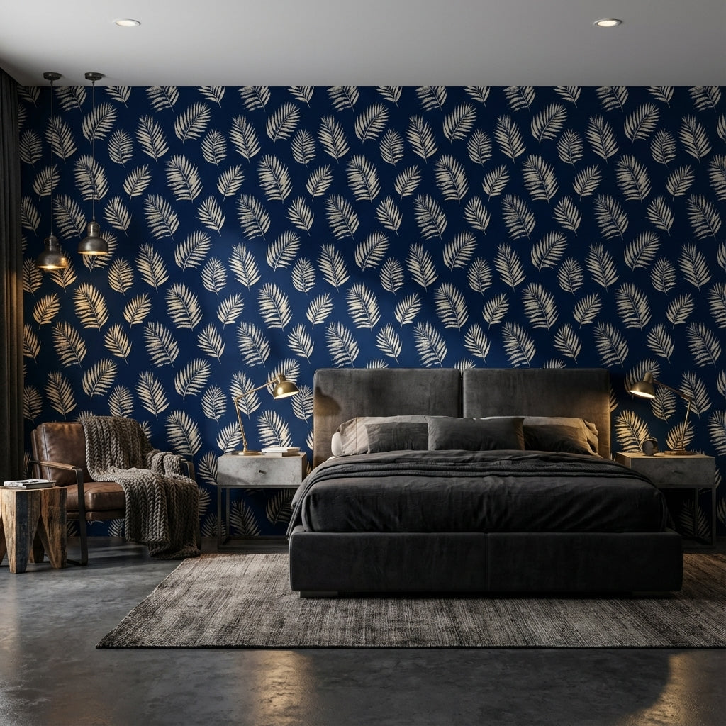 Palm Leaves Wallpaper Navy Tropical Removable Wall Decor