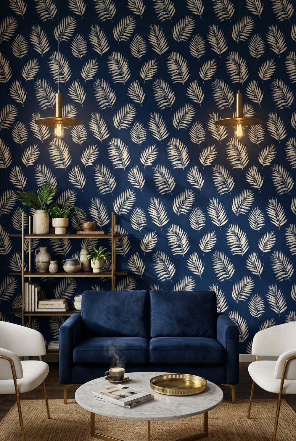 Palm Leaves Wallpaper Navy Tropical Removable Wall Decor