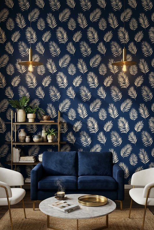 Palm Leaves Wallpaper Navy Tropical Removable Wall Decor