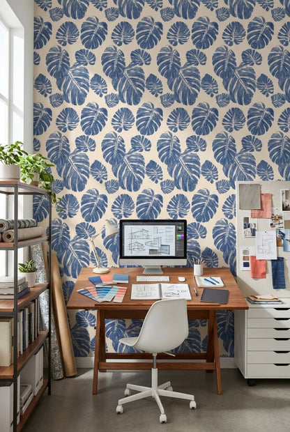 Floral Wallpaper Leaves Removable Blue Wall Mural