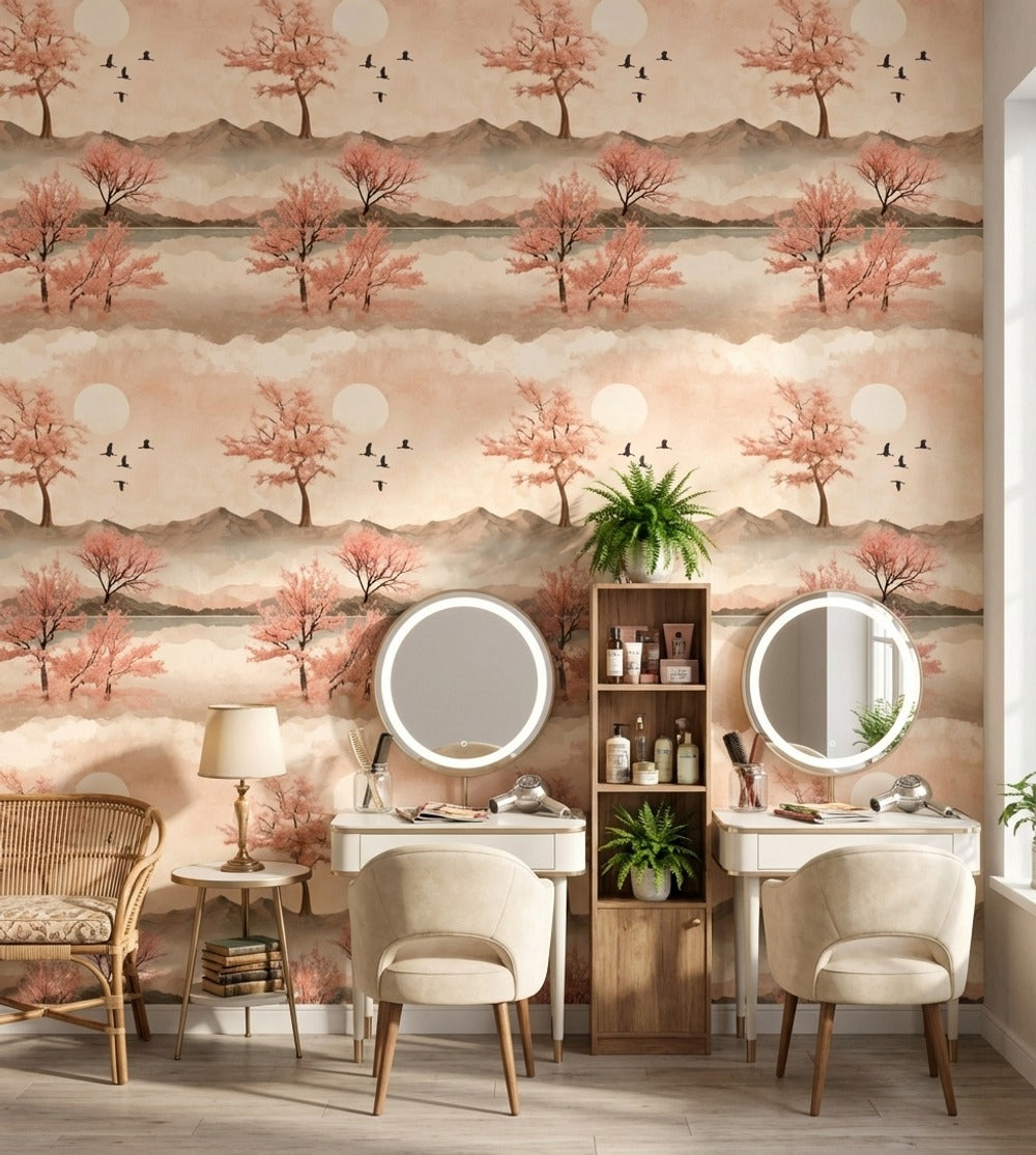 Cherry Blossoms Wallpaper Birds Removable Mountains Wall Mural