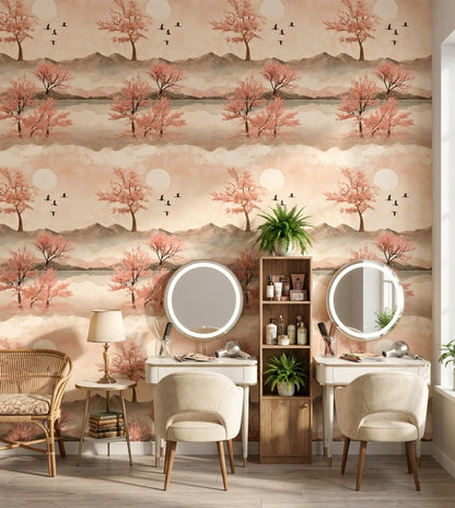 Cherry Blossoms Wallpaper Birds Removable Mountains Wall Mural