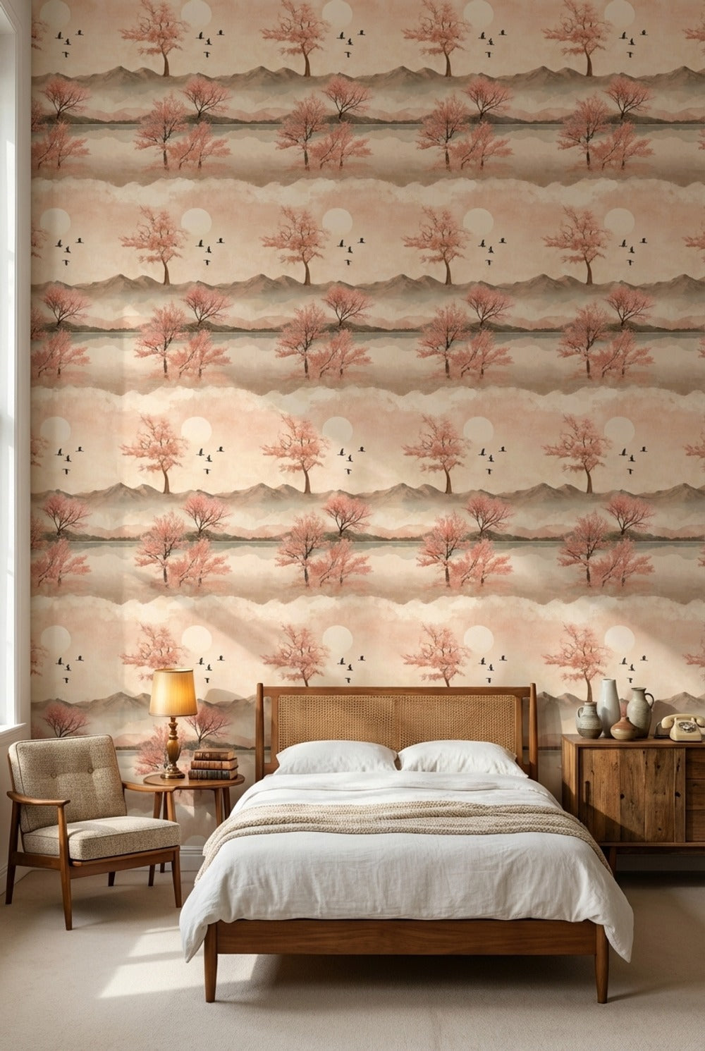 Cherry Blossoms Wallpaper Birds Removable Mountains Wall Mural