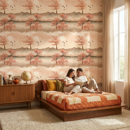 Cherry Blossoms Wallpaper Birds Removable Mountains Wall Mural