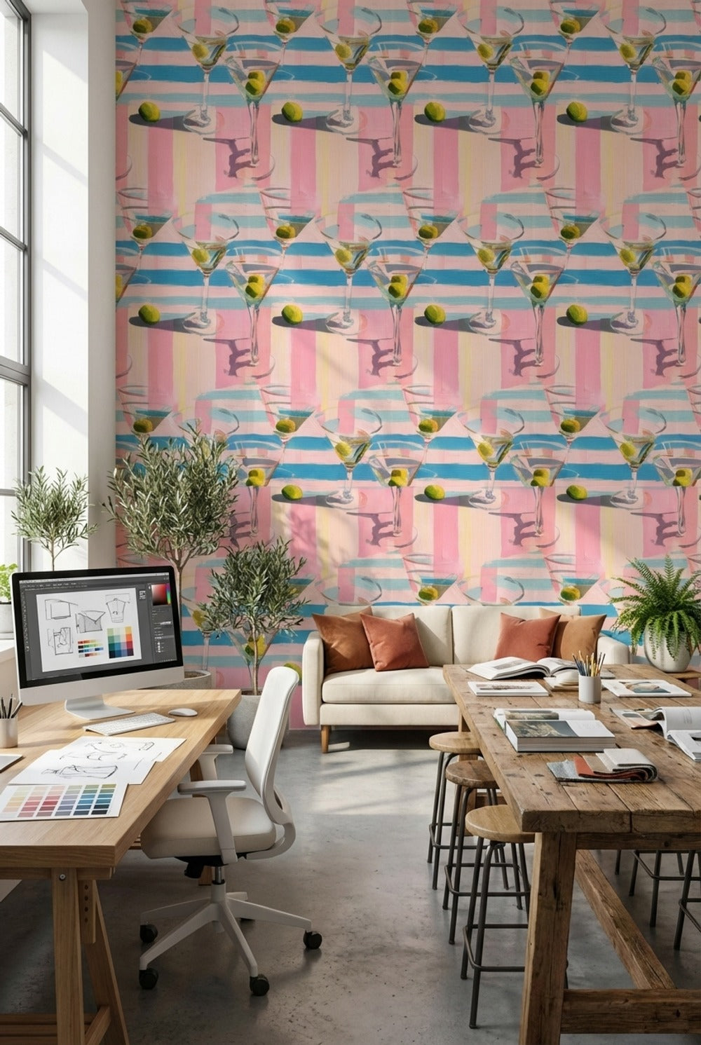 Martini Glasses Wallpaper Olives Striped Decorative Mural