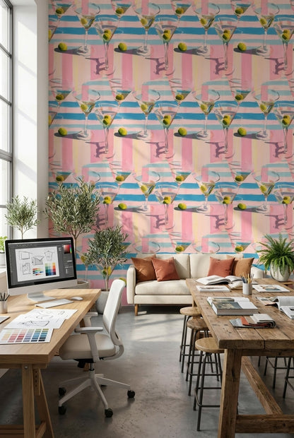 Martini Glasses Wallpaper Olives Striped Decorative Mural