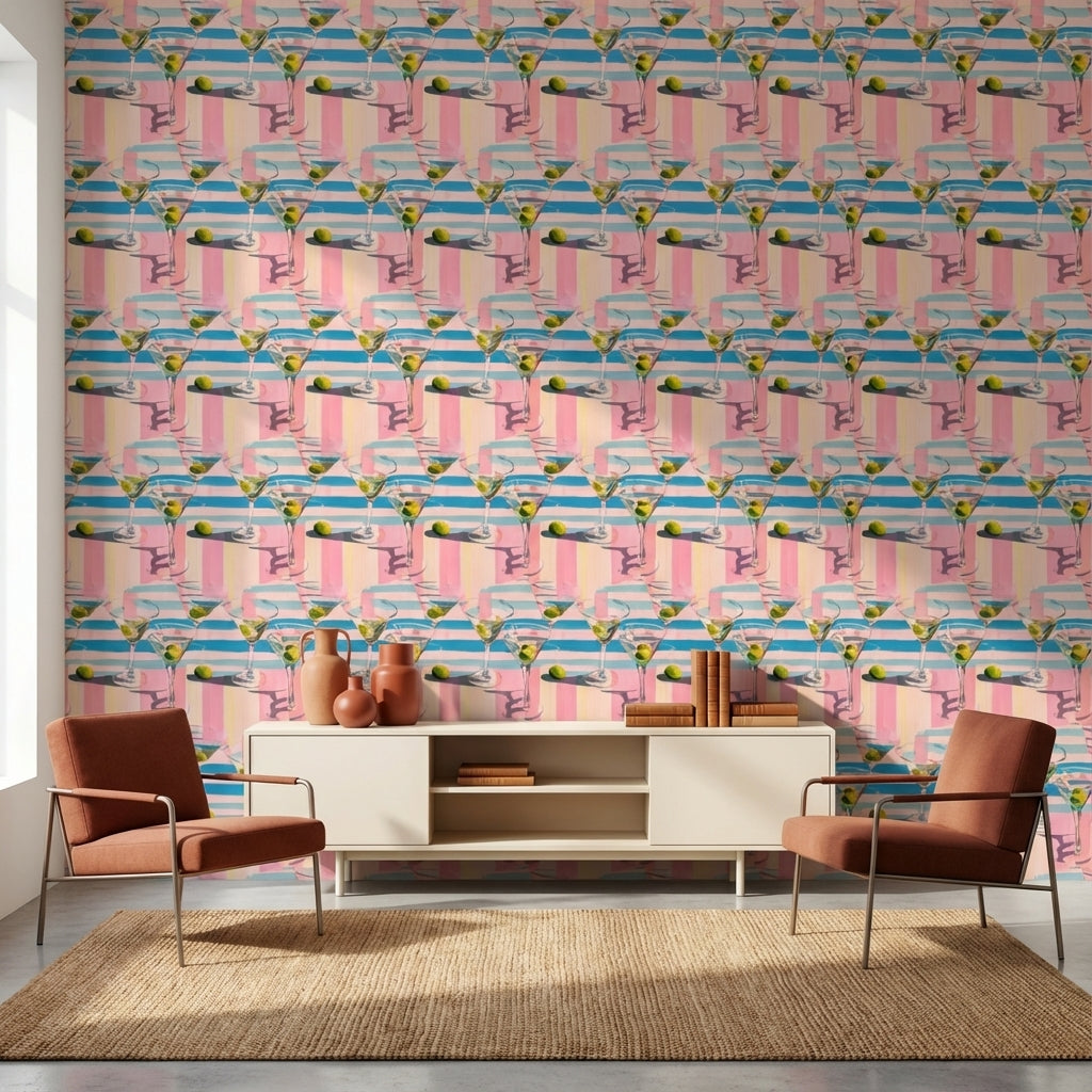 Martini Glasses Wallpaper Olives Striped Decorative Mural