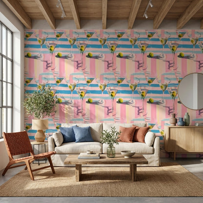 Martini Glasses Wallpaper Olives Striped Decorative Mural