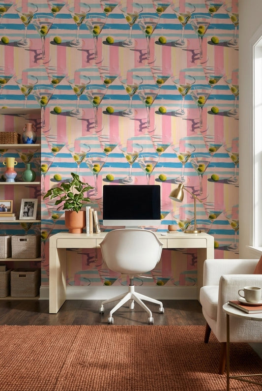 Martini Glasses Wallpaper Olives Striped Decorative Mural