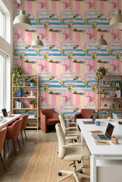 Martini Glasses Wallpaper Olives Striped Decorative Mural
