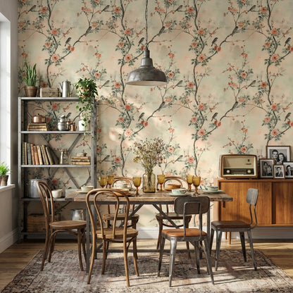 Floral Wallpaper Birds Mural Traditional Wall Decor