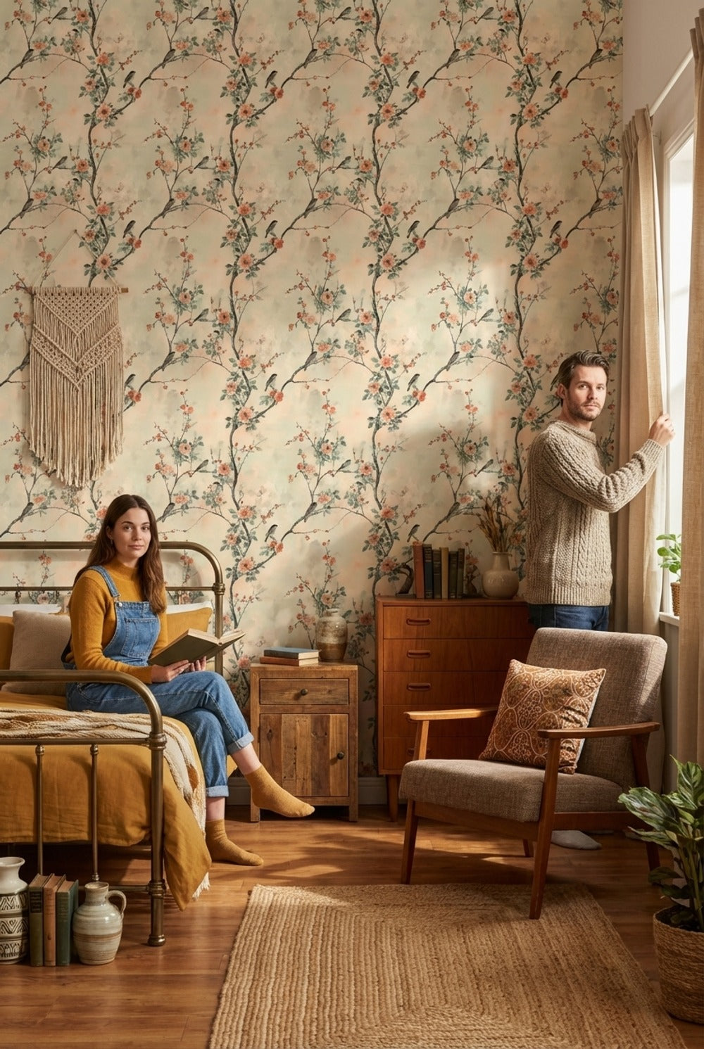 Floral Wallpaper Birds Mural Traditional Wall Decor