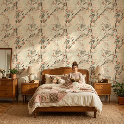 Floral Wallpaper Birds Mural Traditional Wall Decor