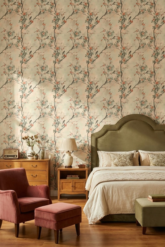 Floral Wallpaper Birds Mural Traditional Wall Decor