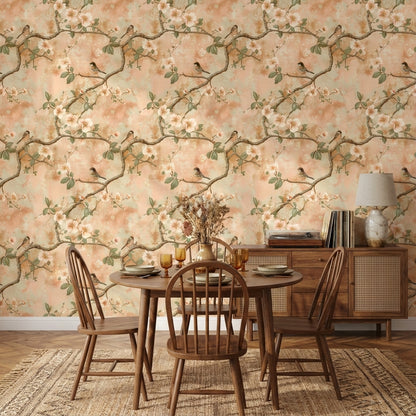 Floral Wallpaper Birds Branches Removable Wall Decor
