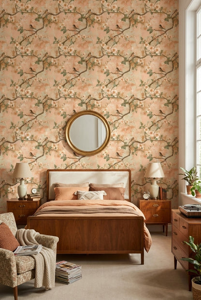 Floral Wallpaper Birds Branches Removable Wall Decor