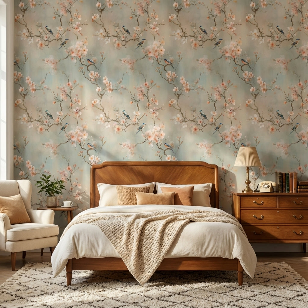 Floral Wallpaper Birds Vintage Wall Mural