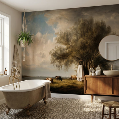 Cloudy Sky Wallpaper Riverbank Pastoral Wall Mural