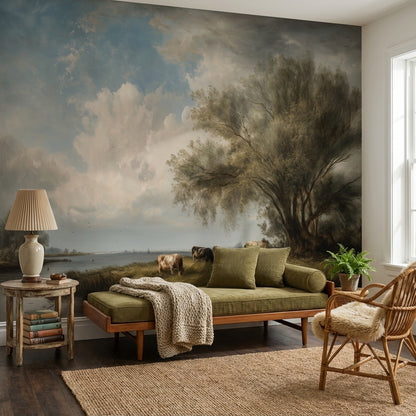 Cloudy Sky Wallpaper Riverbank Pastoral Wall Mural
