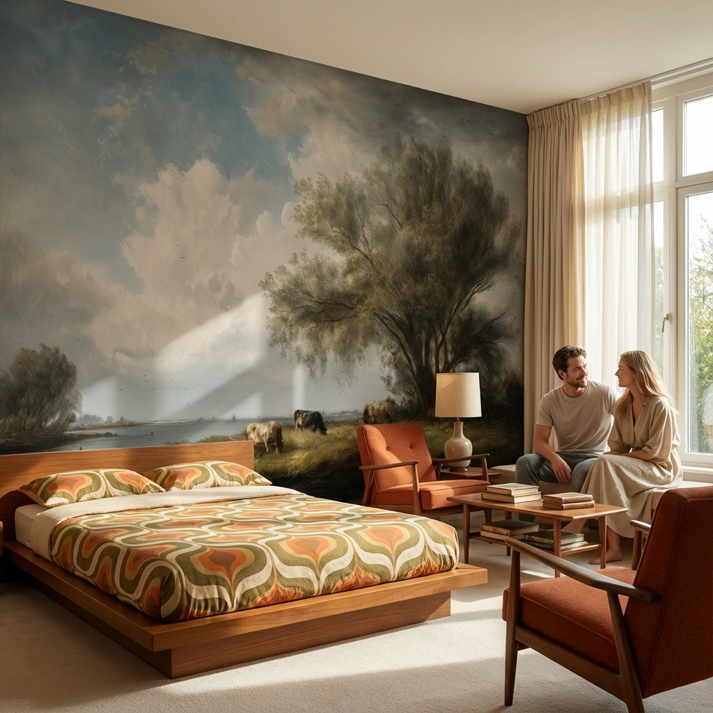 Cloudy Sky Wallpaper Riverbank Pastoral Wall Mural