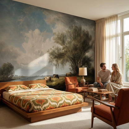 Cloudy Sky Wallpaper Riverbank Pastoral Wall Mural