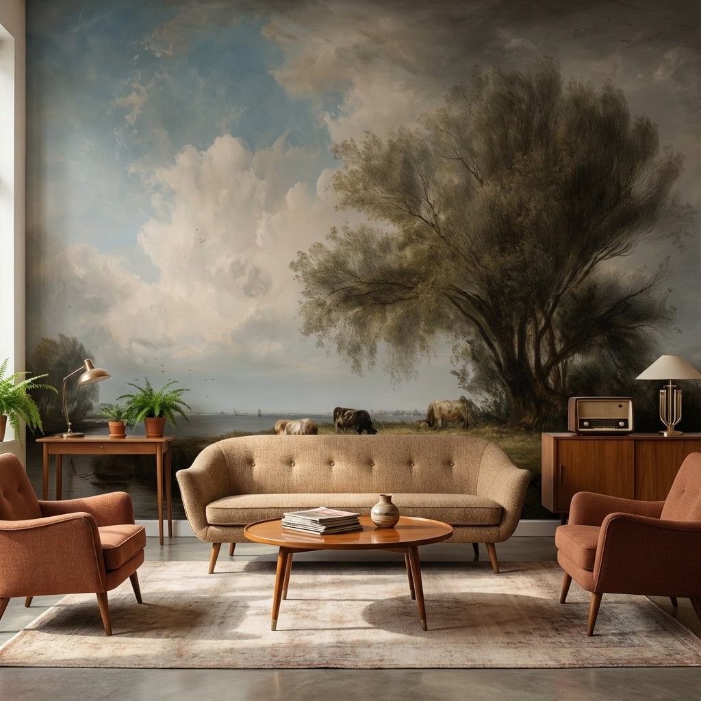 Cloudy Sky Wallpaper Riverbank Pastoral Wall Mural