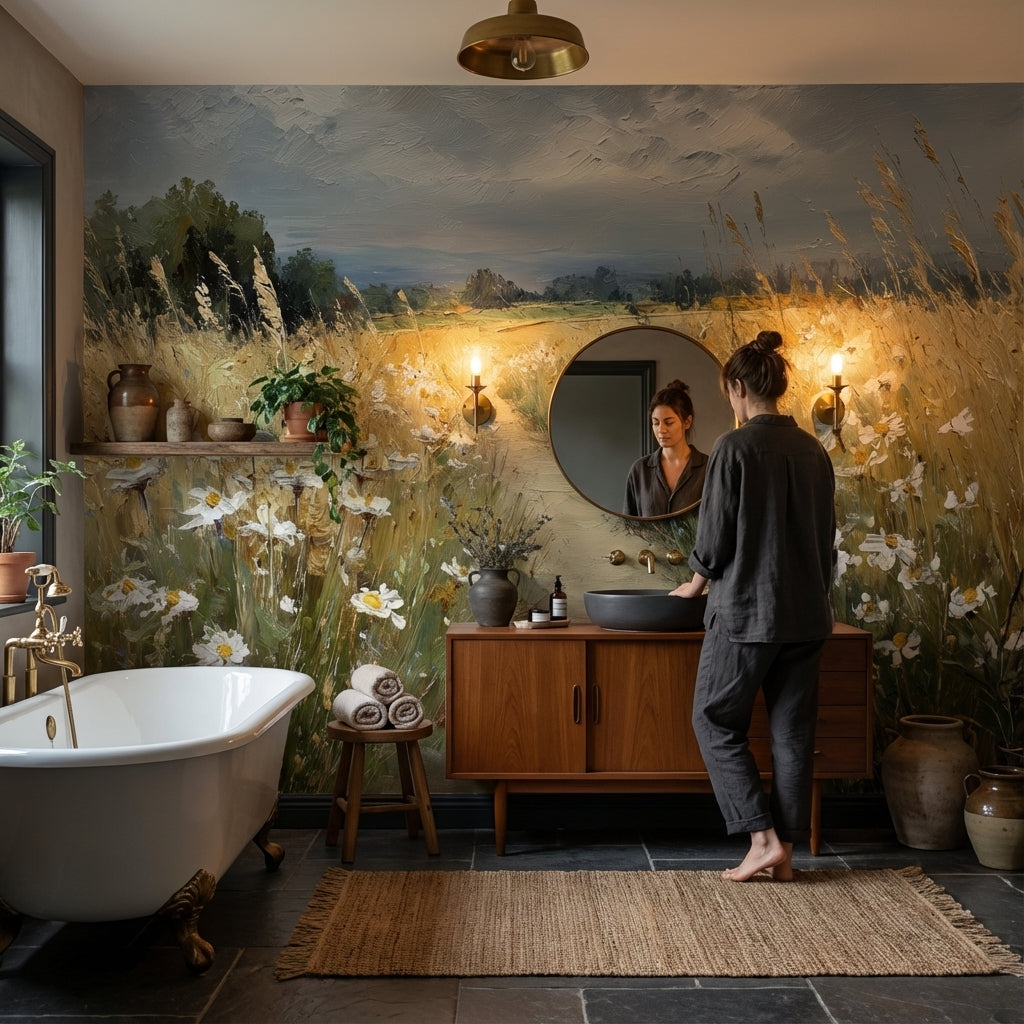 Cloudy Sky Wallpaper Wheat Floral Wall Mural