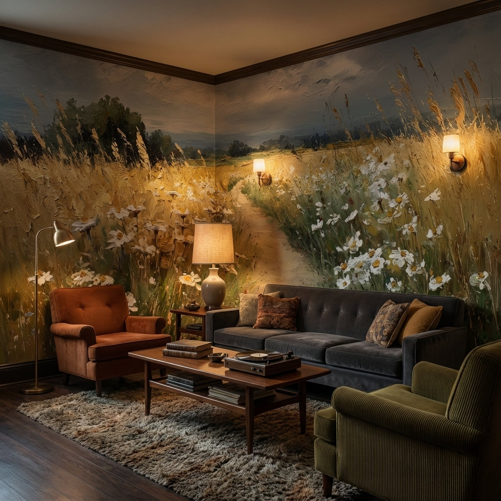 Cloudy Sky Wallpaper Wheat Floral Wall Mural