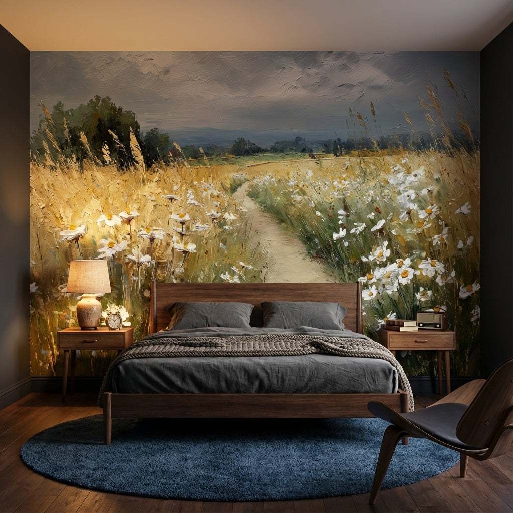 Cloudy Sky Wallpaper Wheat Floral Wall Mural