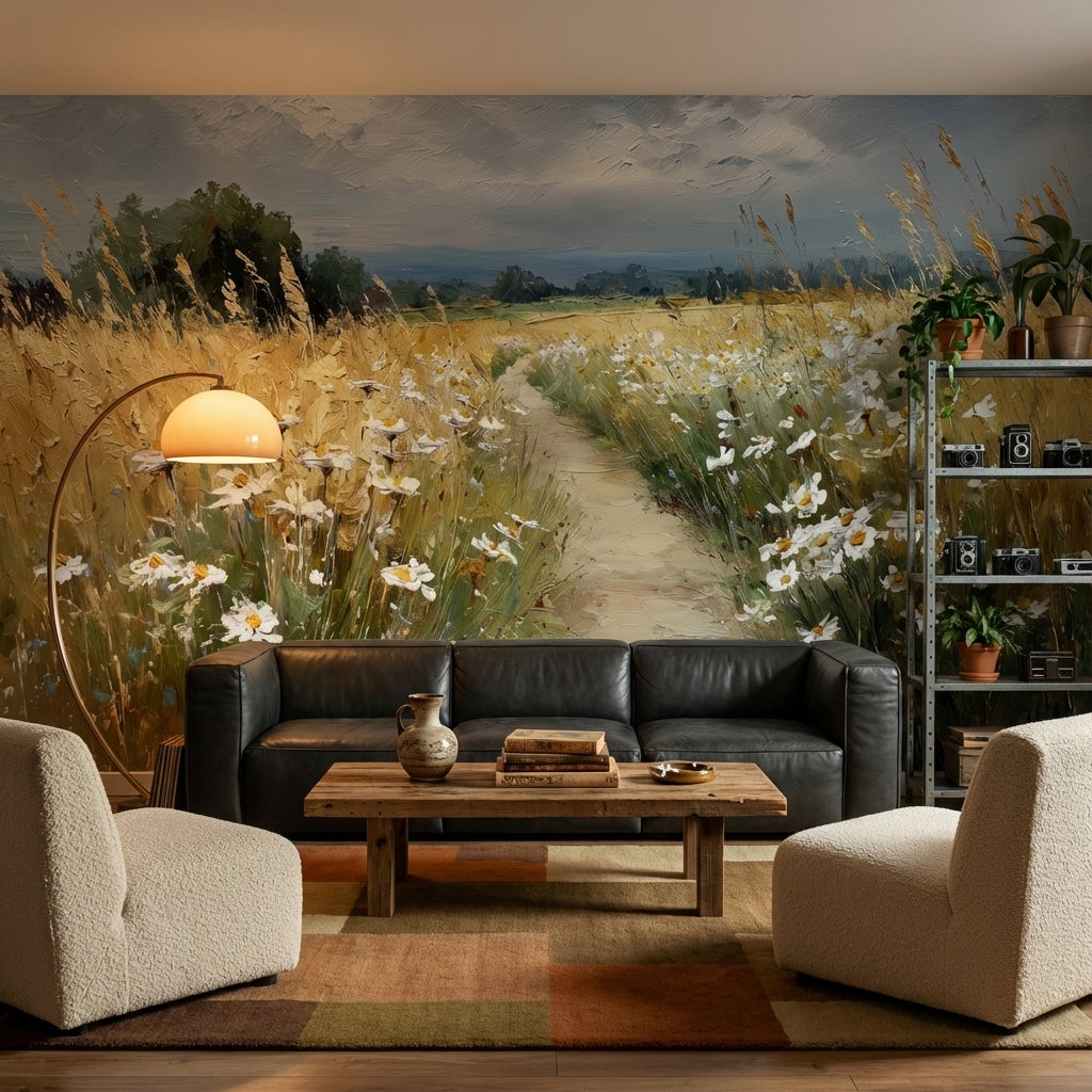 Cloudy Sky Wallpaper Wheat Floral Wall Mural