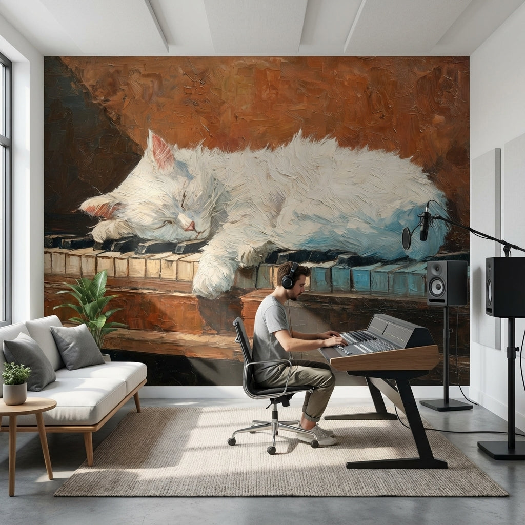 Cat Piano Wallpaper Impressionistic Cozy Wall Mural
