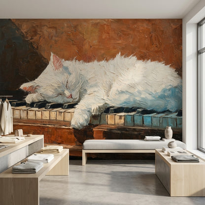 Cat Piano Wallpaper Impressionistic Cozy Wall Mural