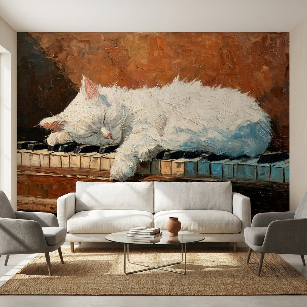 Cat Piano Wallpaper Impressionistic Cozy Wall Mural