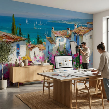 Mediterranean Wallpaper Coastal Sea Wall Decor