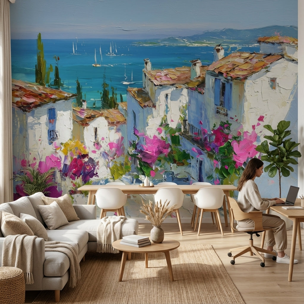 Mediterranean Wallpaper Coastal Sea Wall Decor