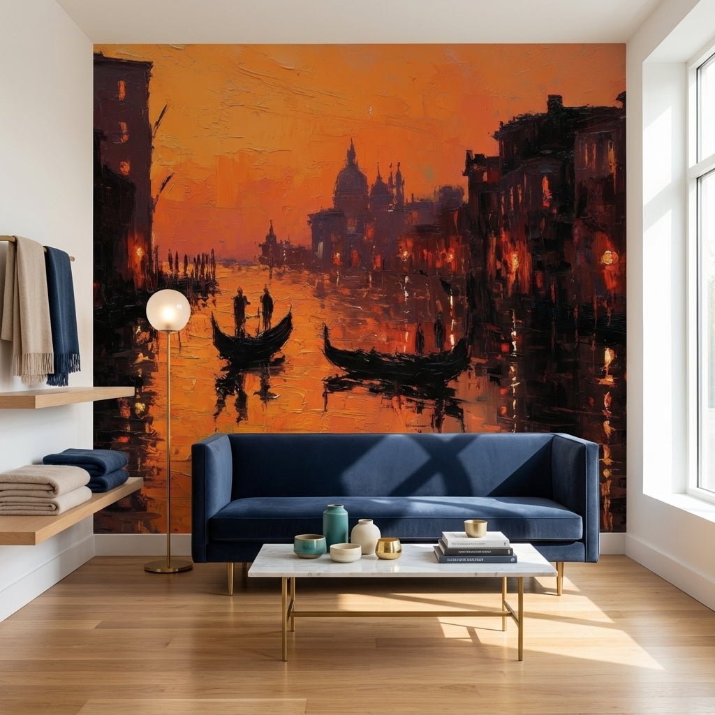 Sunset Wallpaper Canal Gondolas Removable Wall Decor
