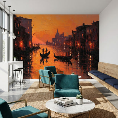 Sunset Wallpaper Canal Gondolas Removable Wall Decor