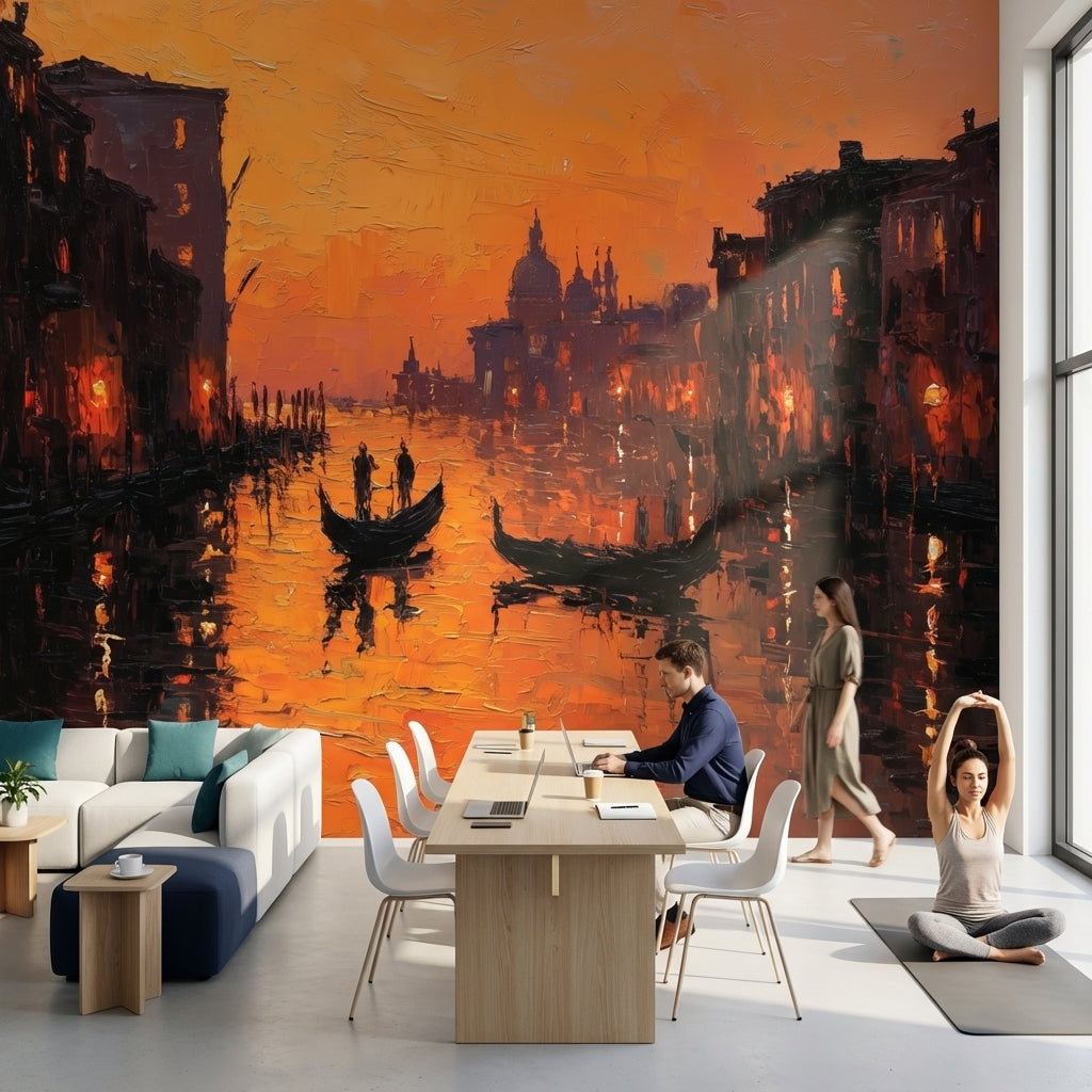 Sunset Wallpaper Canal Gondolas Removable Wall Decor