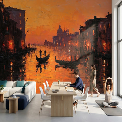 Sunset Wallpaper Canal Gondolas Removable Wall Decor