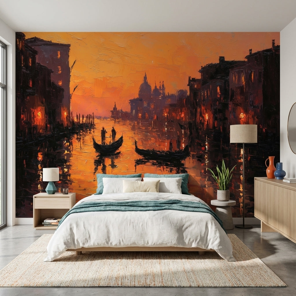 Sunset Wallpaper Canal Gondolas Removable Wall Decor