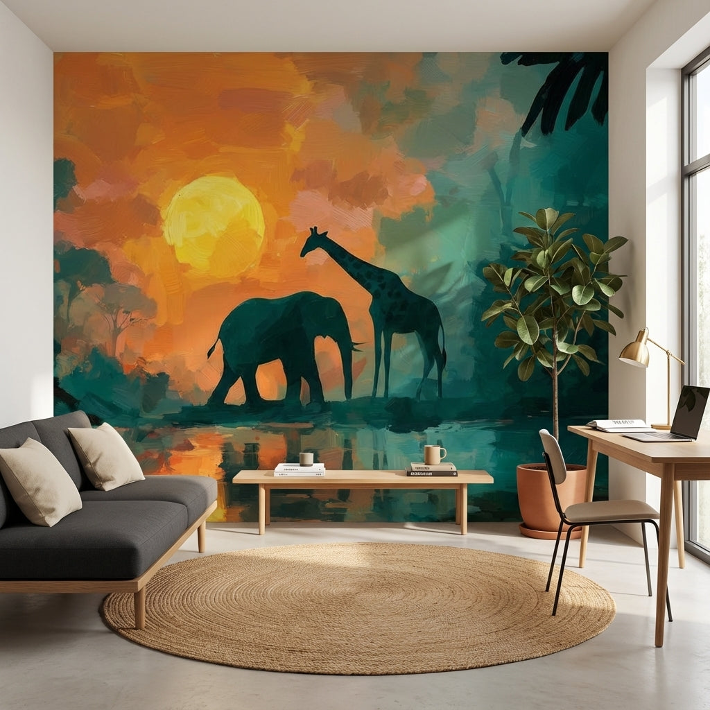 Elephant Wallpaper Giraffe Sunset Removable Wall Decor