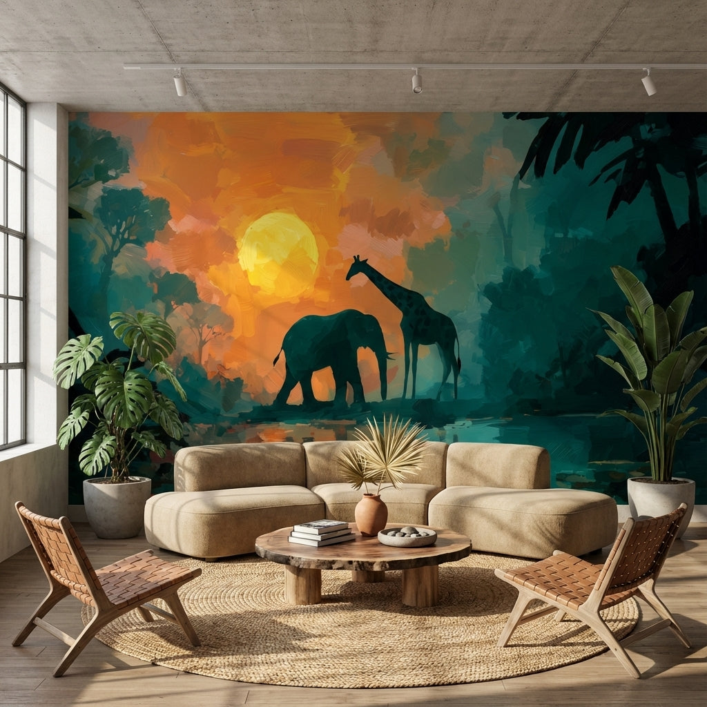 Elephant Wallpaper Giraffe Sunset Removable Wall Decor