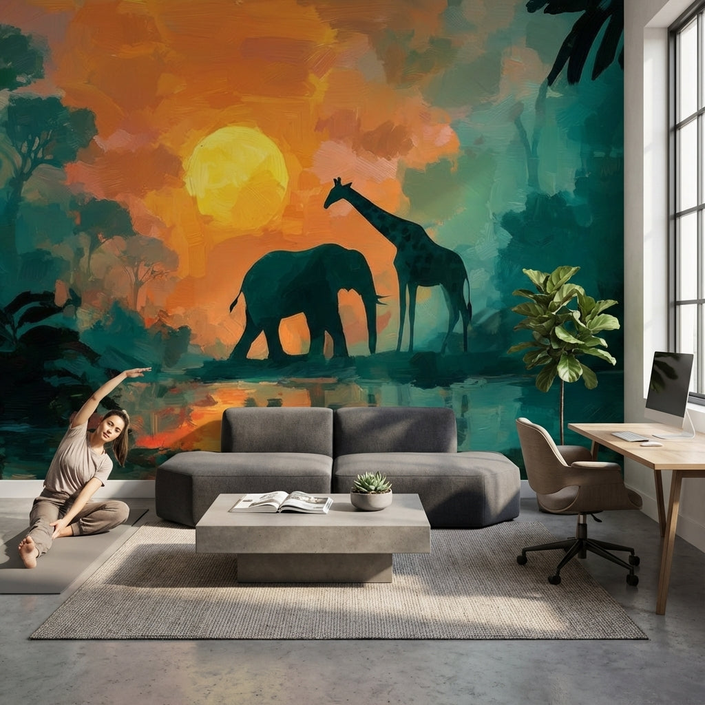 Elephant Wallpaper Giraffe Sunset Removable Wall Decor