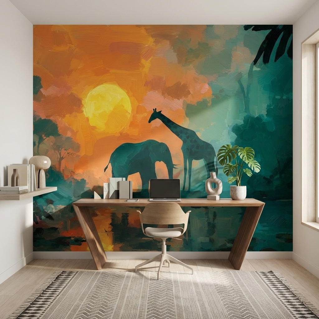 Elephant Wallpaper Giraffe Sunset Removable Wall Decor