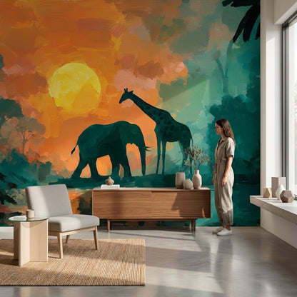 Elephant Wallpaper Giraffe Sunset Removable Wall Decor