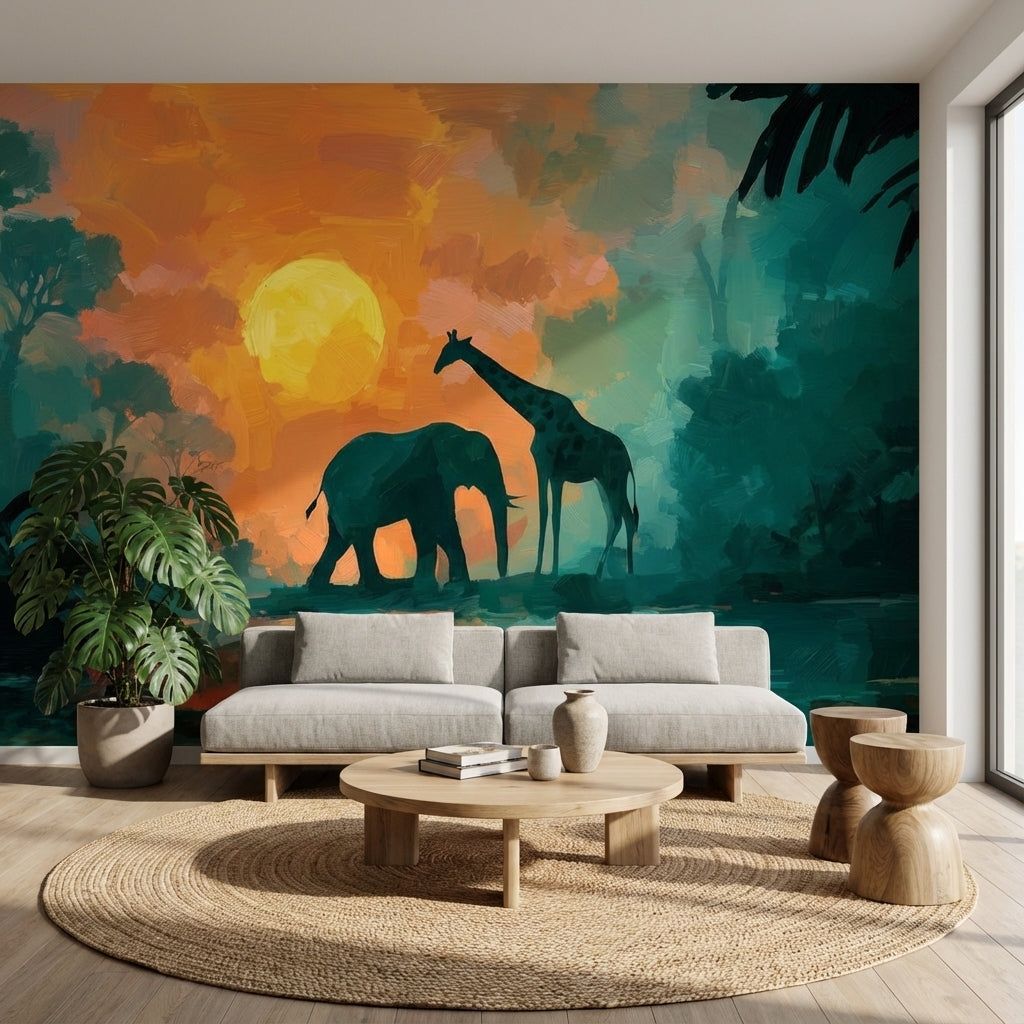 Elephant Wallpaper Giraffe Sunset Removable Wall Decor