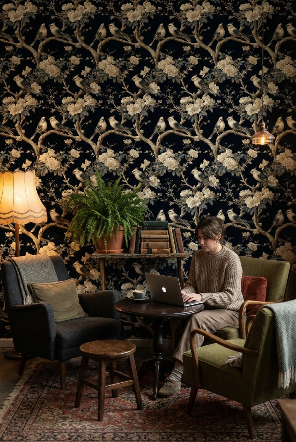 Floral Wallpaper Birds Elegant Removable Wall Decor